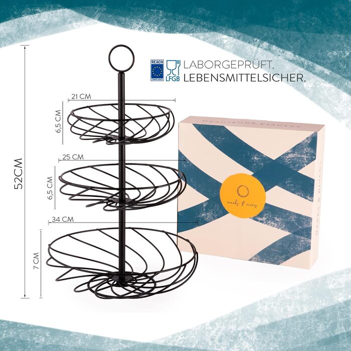 Стійка для фруктів Marks & Rivers 3 яруси XL | Металева фруктова стійка з 3 ярусами чорного кольору для елегантного зберігання у кухні та вітальні