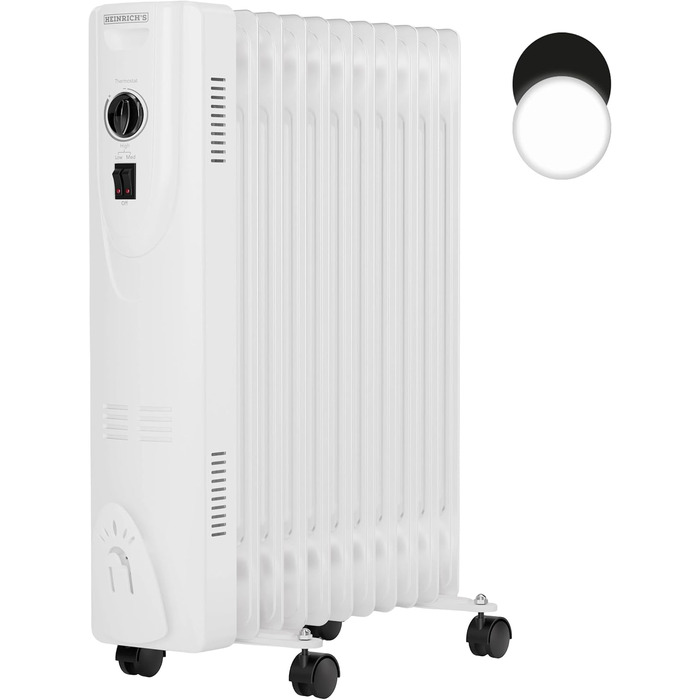Електричний масляний радіатор Heinrich з 13 ребрами, 2500W, з вентилятором, терморегулятором, захистом від перегріву та нахилу, чорний (білий 11 ребер)