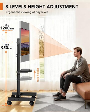 Мобільна стійка для телевізора Hemudu на колесах для LCD/LED ТВ 23-60 дюймів, регульована за висотою з полицею для ноутбука, до 35 кг, VESA до 400x400 мм