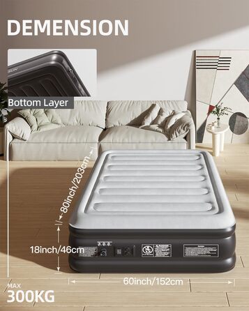 Надувна двоспальна матрац ChillSun з вбудованим електричним насосом, самонадування за 3 хвилини, велюрова поверхня, для дому, розмір Double/King (203x152x46 см)