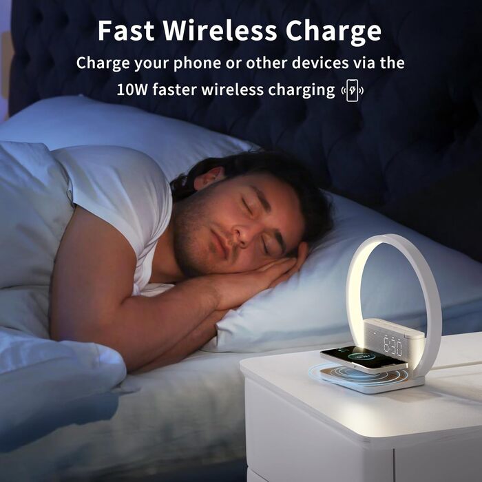 Нічна лампа RETEYUNG з бездротовою зарядкою 10W, 2 будильники, денний світловий будильник, 10 заспокійливих звуків, сенсорне регулювання яскравості (3 рівні), стиль арт-деко