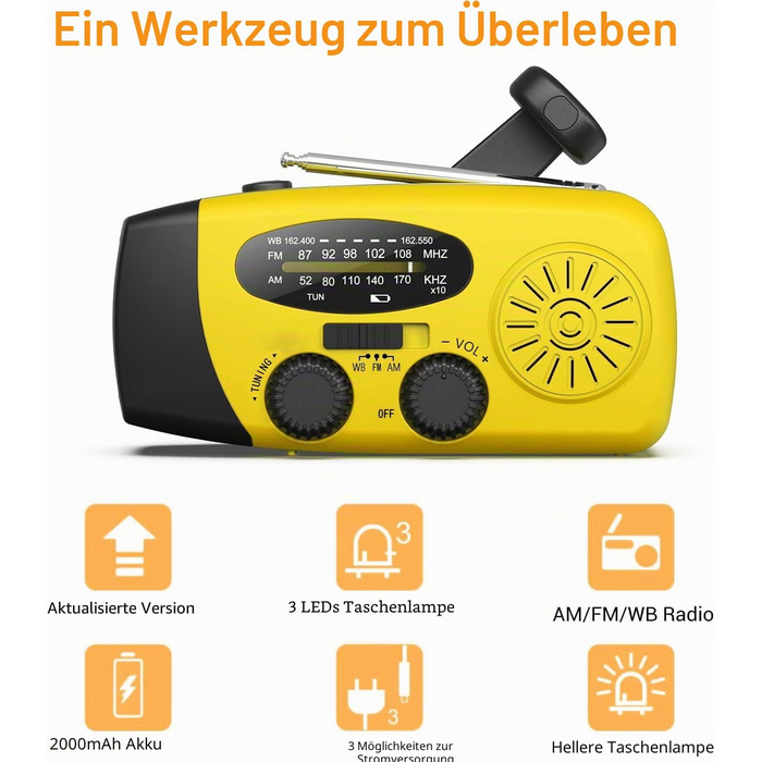 Радіо Solar Radio на сонячних батареях з ручним генератором, AM/FM, Powerbank 2000mAh, LED ліхтарик, USB зарядка для телефону - жовте