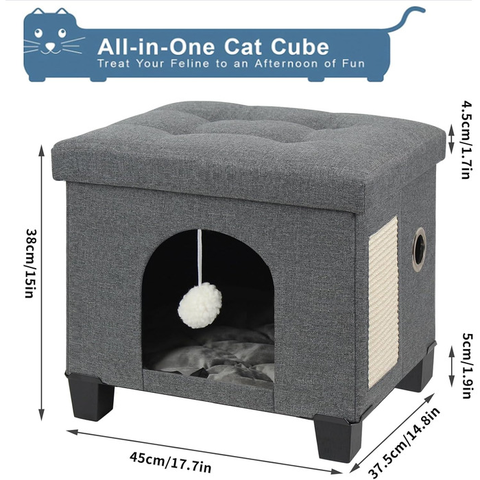 Кіт-будинок Brian & Dany Katzenhöhle з джутового покриття, з когтеточкою та іграшкою, 45 x 37.5 x 38 см, темно-сірий