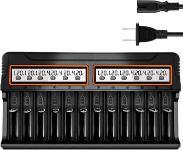 Зарядний пристрій для акумуляторів 18650, 12 слотів, LCD дисплей, універсальний, швидка зарядка, сумісний з 26650, 16340, 14500, 18350, 18500, AA, AAA (тільки зарядний пристрій)