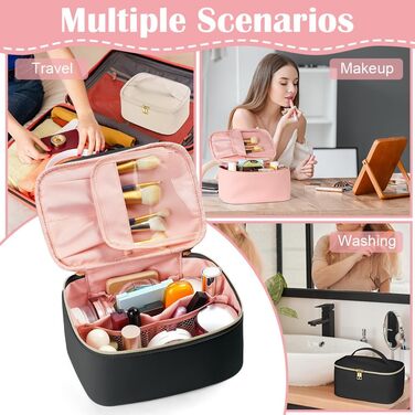 Велика косметичка для жінок, дорожня косметичка з відділеннями, шкіряна, чорна. Водостійка косметичка для макіяжу та аксесуарів.