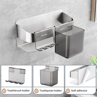 Тримач для електричної зубної щітки з аксесуарами для ванної кімнати, нержавіюча сталь, настінний, без свердління, сріблястий