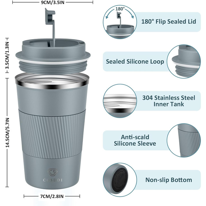 Термокружка CS COSDDI з нержавіючої сталі, 380 мл, для кави, води та чаю, з кришкою, для подорожей та авто, сірий колір
