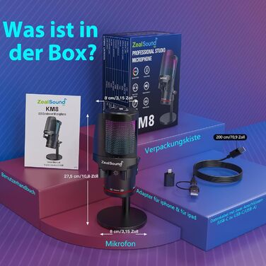 Zealsound USB мікрофон для ПК та мобільного телефону: RGB, з регулюванням гучності, кнопкою вимкнення звуку, поп-фільтром, тримачем-амортизатором та підставкою. Для подкастів, стрімінгу, Discord, YouTube, TikTok (KM8)