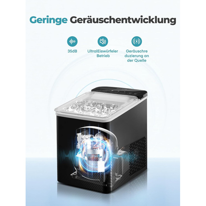 Машина для льоду FOHERE портативна, самоочисна, 14 кг/24 год, 2 розміри, компактний дизайн, керування однією кнопкою, інтелектуальні сповіщення, з лопаткою та кошиком для дому/бару/офісу/кемпінгу (чорний)