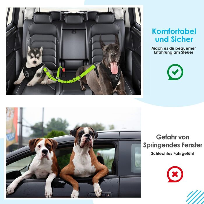 Ремінь безпеки для собак SlowTon у машину, 2 в 1, еластичний, регульований, світловідбиваючий, для подорожей та прогулянок (1 маленький + 1 середній, Limone)