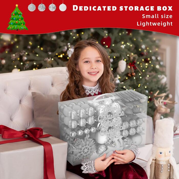 Набір прикрас для ялинки Aufun 108 шт. Преміум якість, пластикові кулі, зірка, верхівка, безпечні прикраси, ялинкові кулі, багаторазові, декор (шампань, срібло)