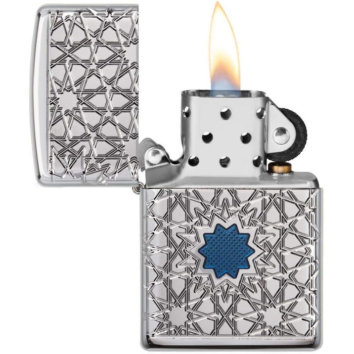 Zippo lighter with Arabic star pattern, high-gloss chrome finish, 49076, High-gloss chrome star, One Size