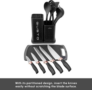 Набір ножів Karaca Gusto 12 предметів з дощечкою та кухонними аксесуарами. Ножі з нержавіючої сталі, ергономічні ручки. Чорний колір.