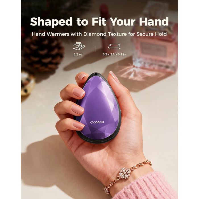 Електричні грілки для рук OCOOPA 2 шт. - стильні, у формі діаманта з магнітом, акумуляторні, для жінок, подарунок, Raynaud, піші прогулянки, кемпінг, лавандовий колір