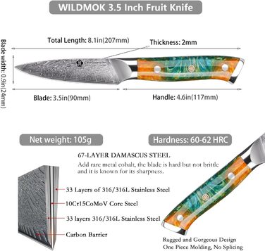 Ніж кухонний WILDMOK 8см, VG10 сталь, Дамаск, для нарізання та очищення фруктів, з жовтою ручкою, подарункова коробка