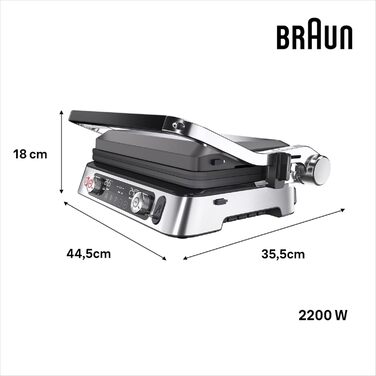 Braun MultiGrill 9 Pro CG 9167, contact grill with grill, flat, and waffle plates and temperature probe. Grill positions: contact, BBQ, oven. Dishwasher-safe plates, Boost function up to 265°.