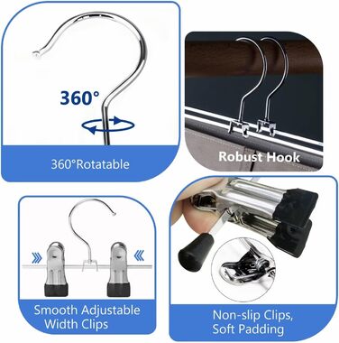 Metal Trouser Hangers, Clothes Hangers with Adjustable Clips, Anti-Slip Trouser Hangers, Strong Chrome Hangers for Trousers, Skirts, Socks, Underwear, 12 Pack