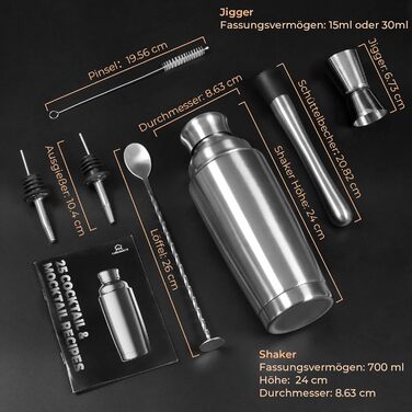 Набір шейкерів для коктейлів YARRAMATE 700 мл, 8 предметів з нержавіючої сталі, з вбудованим ситом, для дому та барів