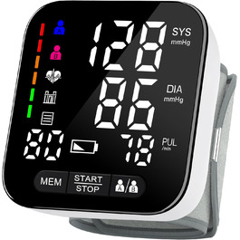 Тонометр на зап'ясті з визначенням аритмії, автоматичний, прецизійний вимір артеріального тиску та пульсу, кольоровий індикатор ризику, 2×99 місць пам'яті, для зап'ясть 13,5-21,5 см