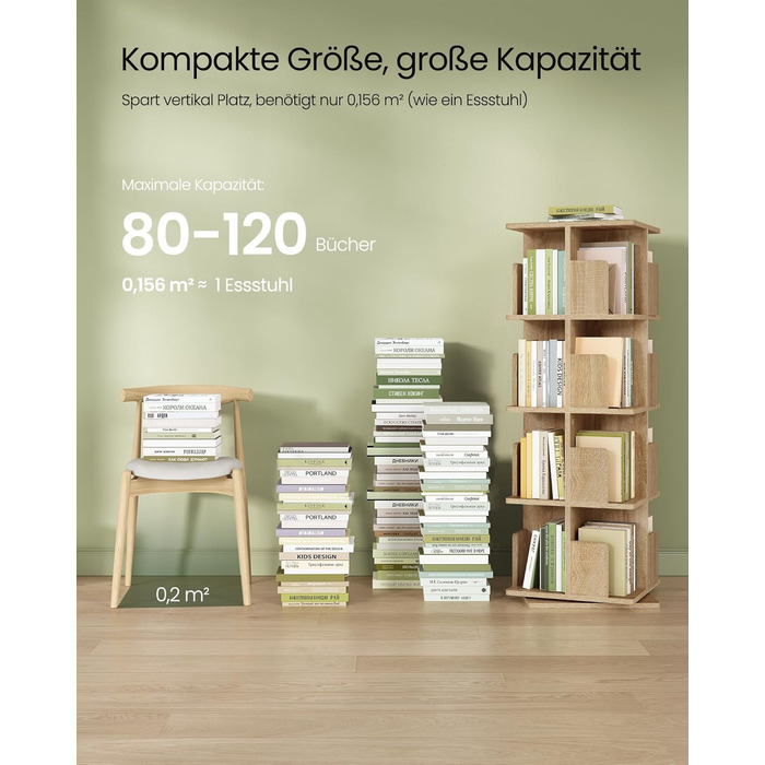 EUGAD обертовий книжковий стелаж-роздільник, 4 рівні, 360°, МДФ, світлий дуб, для офісу та дому, 39,5x128x39,5 см
