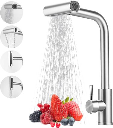 Висувний змішувач для кухні з 4 режимами – нержавіюча сталь, водоспад, високий тиск, 3/8 дюйма, для мийки