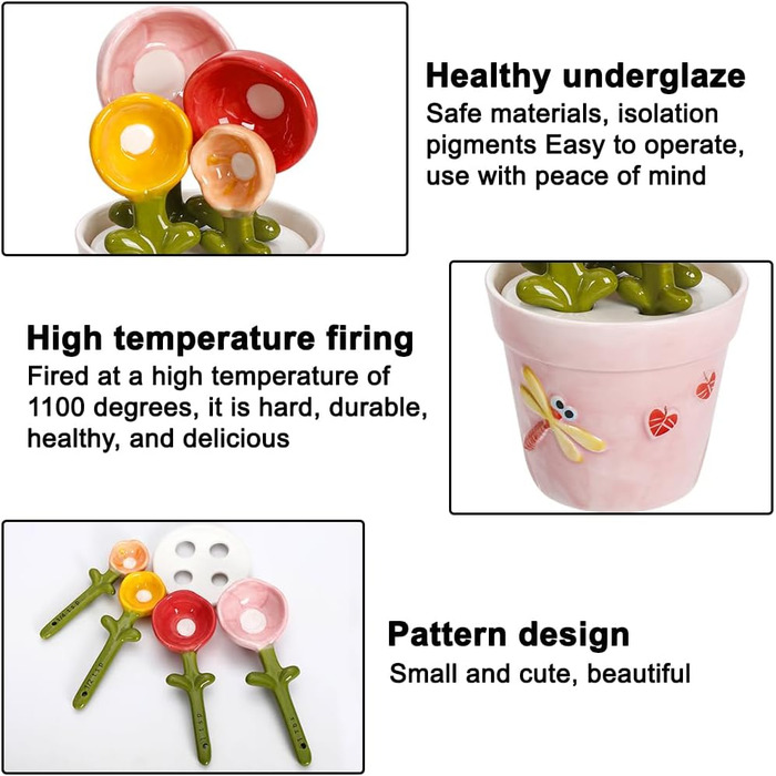 Ceramic Measuring Spoon Set in a Jar – Floral Pink Jar, Adorable Measuring Cups, Spoons for Dry and Wet Ingredients, 1 Tablespoon, 1 Teaspoon, 1/2 Teaspoon, 1/4 Teaspoon, 1 Cup