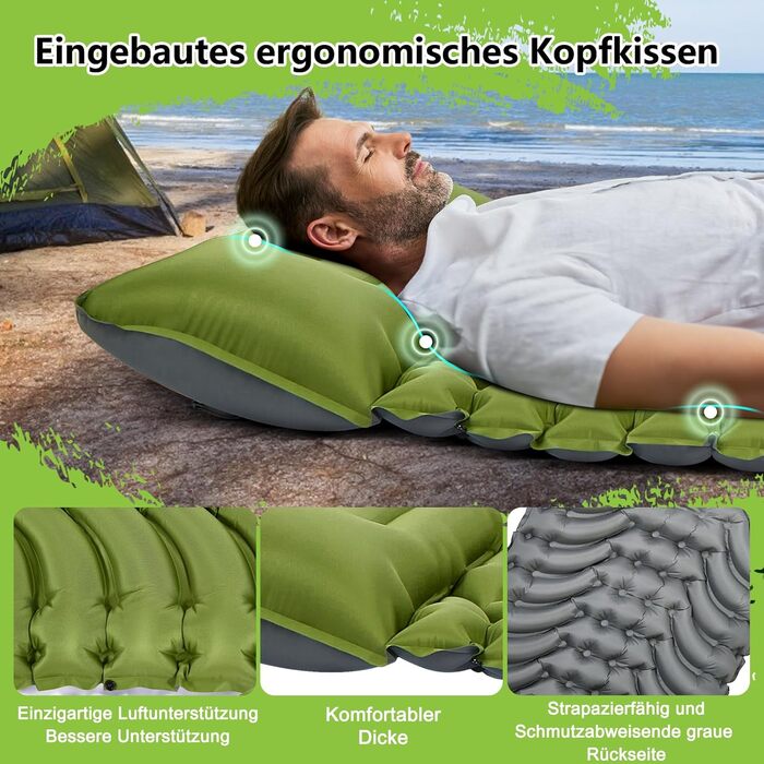 MEIJO Килимок для кемпінгу самонадувний, ізомат, туристичний килимок для сну, легкий, з насосом, для відпочинку на природі, у наметі, на пляжі, блакитний & сірий (зелений & сірий)