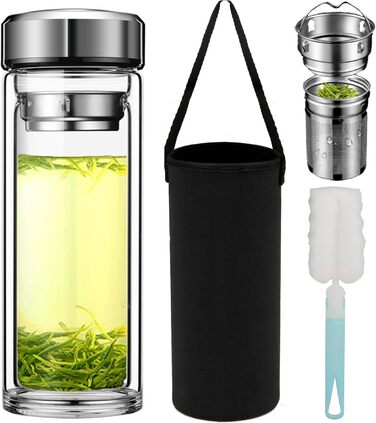 Double-walled glass tea bottle, 1 liter with 2-in-1 stainless steel infuser for on-the-go use, 1000ml large volume. Tea bottle 100% leak-proof, 1 l (600ml suitable for office/roadtrip/school/on the go)
