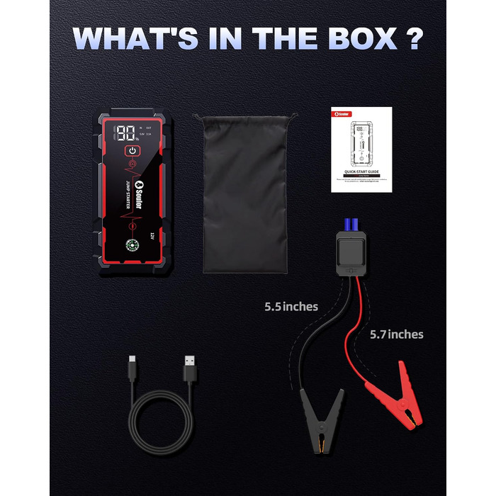 Бустер для автомобіля (Jump Starter) 8000mAh, портативний пусковий пристрій 12V для бензинових двигунів до 7.0L та дизельних до 5.0L, з ліхтариком та пусковими кабелями