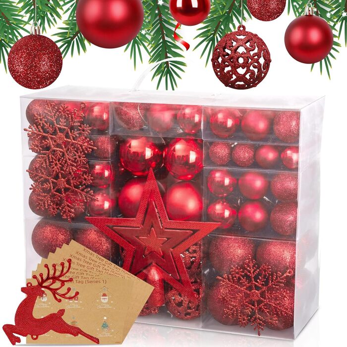 Набір прикрас для ялинки 141 шт. з пластику: матові, глянцеві, з блискітками, з вирізанням. Декоративні кулі для ялинки, червоні. Прикраси для дому та вулиці
