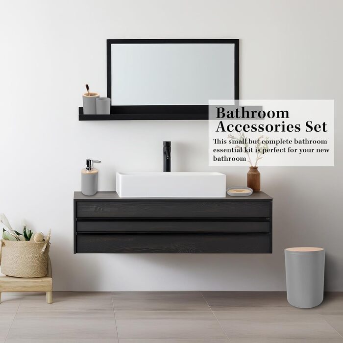 Набір аксесуарів для ванної кімнати Britimes, сірий: душова завіса, відро, дозатор мила, тримач для туалетного йоржика, тримач для зубних щіток та стаканчик для зубних щіток