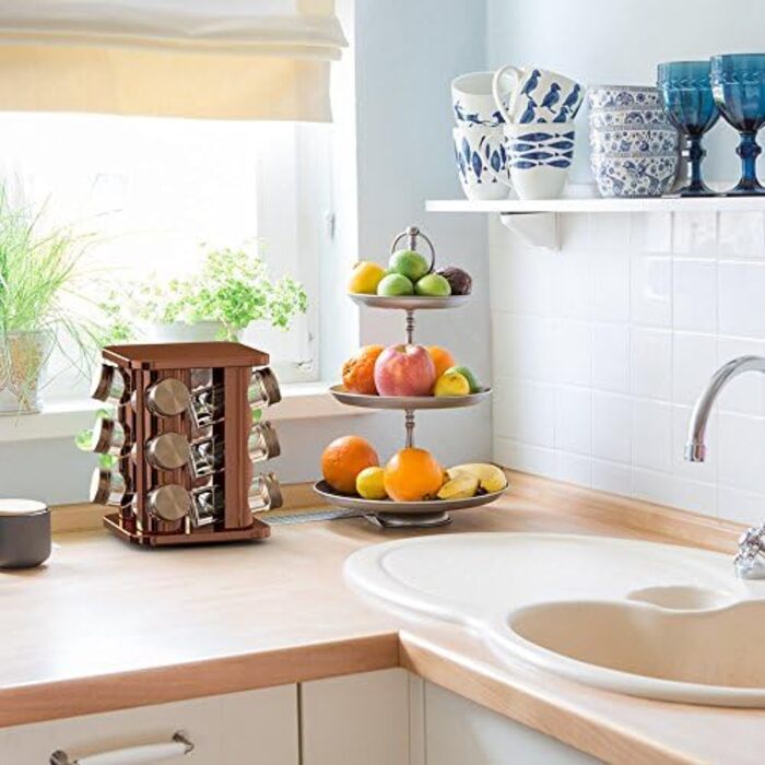 bonVIVO Rondo: поворотна підставка для спецій на 12 відділень, нержавіюча сталь, сріблястий колір, регульоване спеційне карусель, спеційне коло для солі та перцю (мідь)