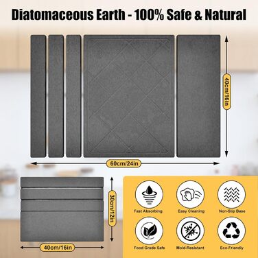 Килимок сушильний для посуду KitchenRaku з діатоміту, швидковисихаючий, 40x60 см, темно-сірий, ромбовидний візерунок