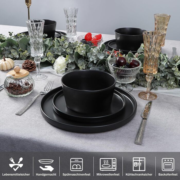 Набір посуду Homikit на 6 осіб: тарілки, миски, десертні тарілки, реактивна глазур, чорний колір, 18 шт.