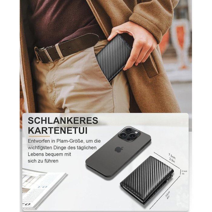 Чоловічий гаманець UNOSEKS з RFID захистом: Slim Wallet з відділом для монет та карткою для ID, на 1-6 карт (алюміній, карбон)