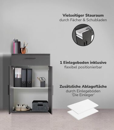 Multi-purpose cabinet 60cm wide with drawers 'The Practical', small office cabinet or filing cabinet, also as a shoe cabinet or storage cabinet in 60x90x34 cm (W/H/D) in White (Height 90CM, Anthracite Black)