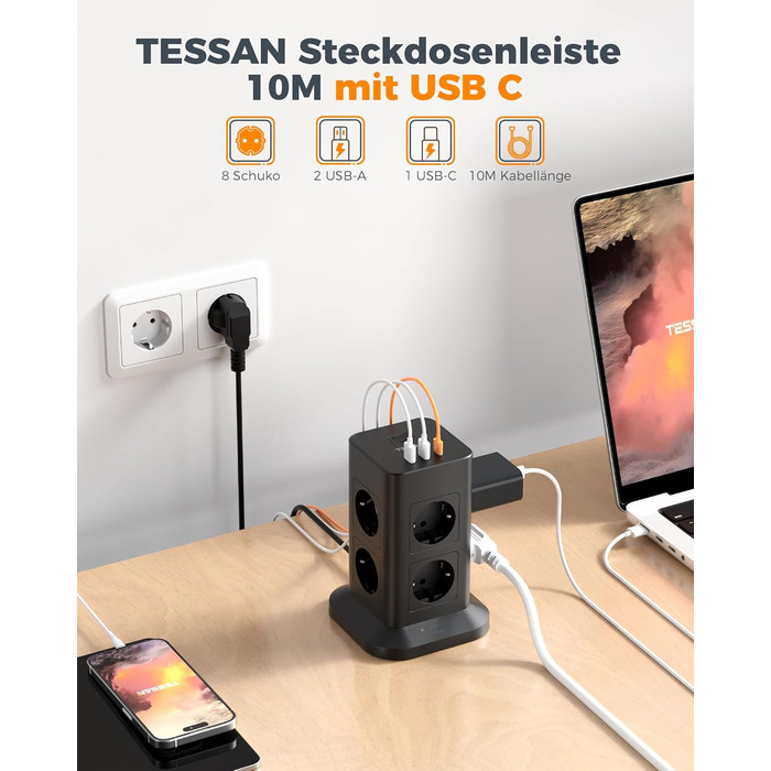 Багаторозетка TESSAN з захистом від перенапруги 3600W 16A, 8 розеток, USB-C, подовжувач 2м, сіра. Розподільник розеток для дому