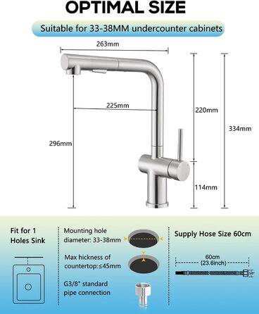 Змішувач кухонний з висувною лійкою, високого тиску, з двома режимами струменя, поворотний на 360°, L-подібний, з нержавіючої сталі (шліфований)