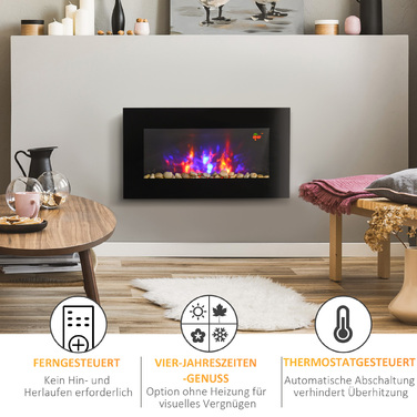 Електрокамін HOMCOM з LED-підсвічуванням полум'я, 1000/2000 Вт, настінний камін у 7 кольорах, з дистанційним керуванням, для настінного монтажу, чорного кольору | Aosom