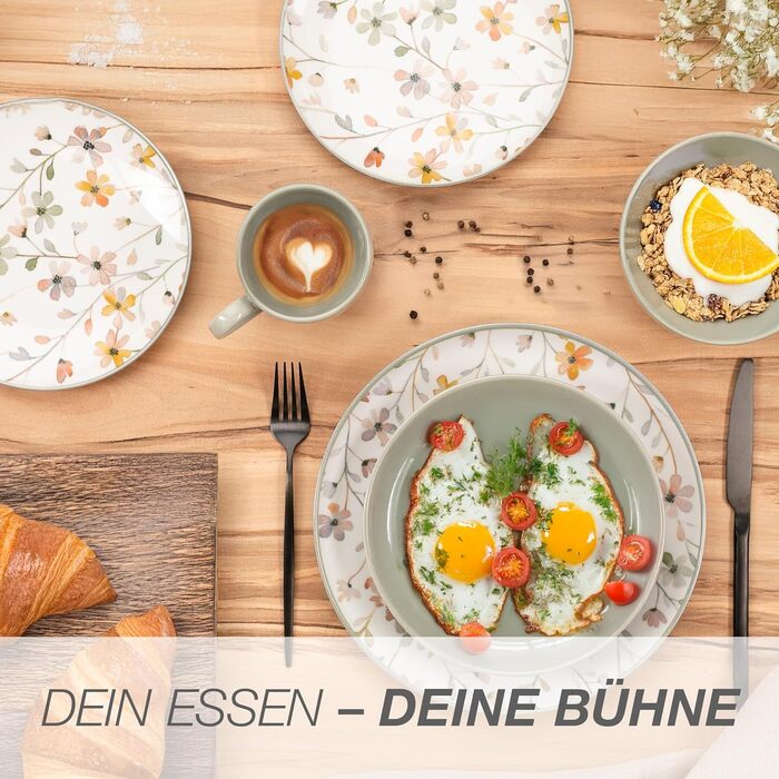 Набір посуду Moritz & Moritz PRIMAVERA з кераміки на 6 осіб (24 шт.) - сучасний сервіз з ігровим дизайном, легкий у догляді, з тарілками, мисками та чашками