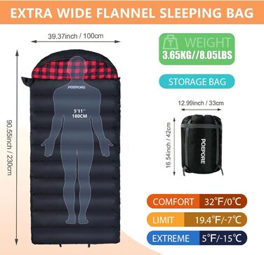 Спальний мішок Poepore Outdoor Winter для дорослих, Extra Wide, 3-4 сезони, XXL, теплий, бавовна, фланель, для кемпінгу, походів, пригод, 230*100 см, 0°C (Червоний, -6°C)