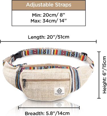 Чоловіча та жіноча поясна сумка Freakmandu з льону – фанні-пак, сумка через плече в бохо стилі, ручної роботи, для піших прогулянок, бігу, чоловіків та жінок, універсальний розмір