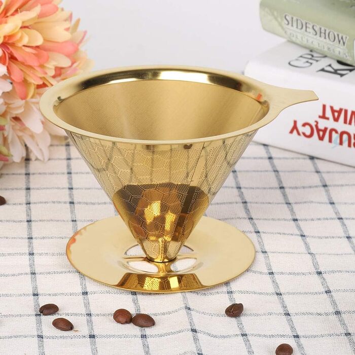 Золотий фільтр для кави Pour-Over з нержавіючої сталі, бджолині соти, багаторазовий, без паперу