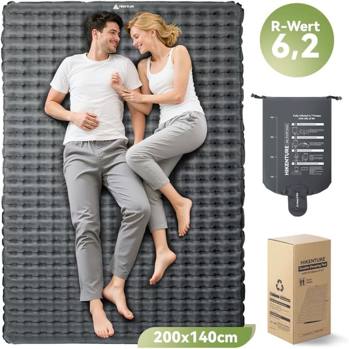 Каремат туристичний HIKENTURE 6.2 R-Wert для 2 осіб, 8 см, надувний, 140x200 см, для 4 сезонів, для кемпінгу, трекінгу, намету, пляжу
