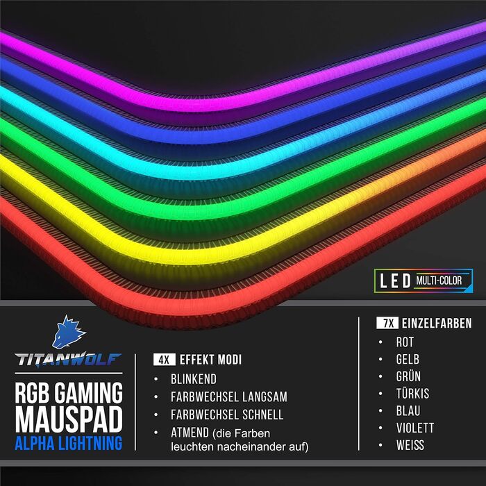 Ігровий килимок для миші TITANWOLF RGB XXL (800x300 мм) з LED-підсвіткою, 11 режимів освітлення, вологостійкий, чорний