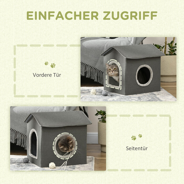PawHut Cat Cave House Shape with Washable Cushion, Cozy Cat Snuggle Cave with Two Doors, 39 x 43.5 x 40.5 cm, Grey