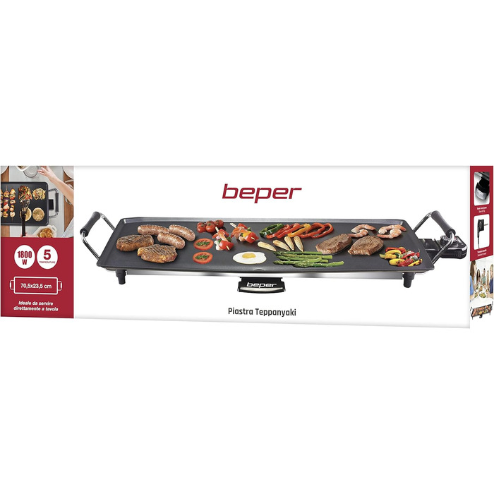 BEPER Electric Grill with Glass Lid - Non-Stick Coated Grill Plate, Stainless Steel, 1800W
