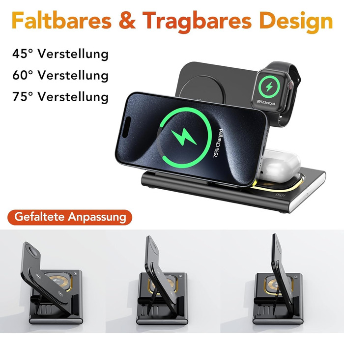 Бездротова зарядка Aimtel 3-в-1 з нічними ліхтариками: сумісна з iPhone 17/17 Pro/17 Pro Max/17 Air та Apple Watch, Air-Pods Pro/4/3/2. Чорний колір