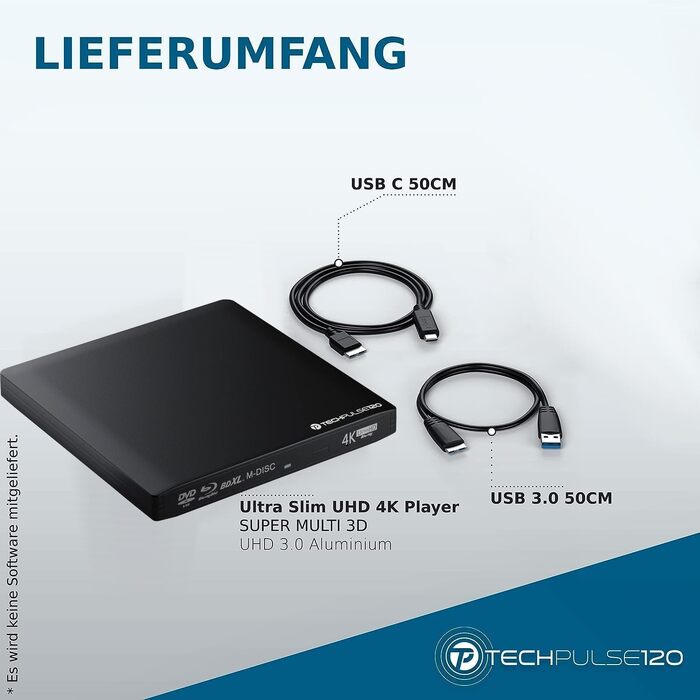 Зовнішній Blu-ray привід techPulse120 UHD 4K 3D M-Disc BDXL USB 3.0 USB-C, DVD/CD Burner для ноутбука та ПК, Windows/Mac OS, Алюміній (Чорний)