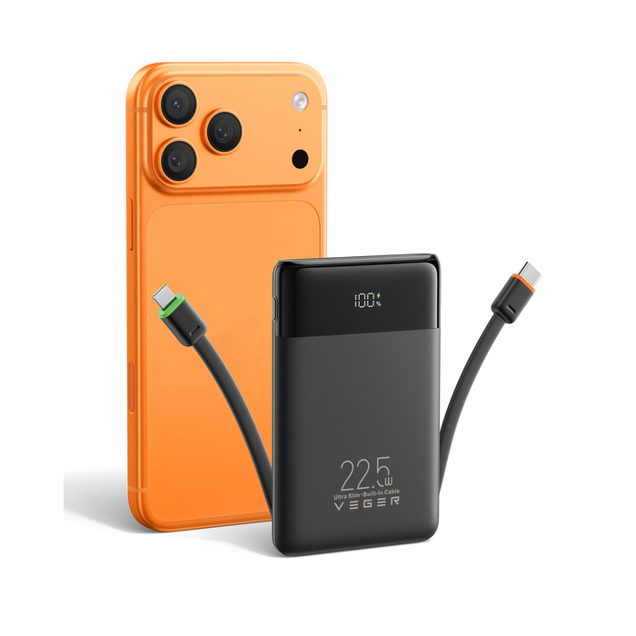 Повербанк VEGER 10000mAh 22.5W з вбудованим кабелем USB-C, швидка зарядка, чорний